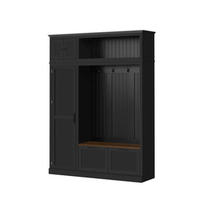 English Elm 3-in-1 Entryway Hall Tree with Cabinet Hooks Bench Drawers and Adjustable Shelving Black SJ000160AAB