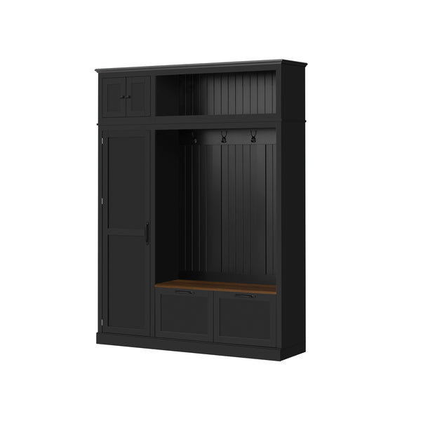 English Elm 3-in-1 Entryway Hall Tree with Cabinet Hooks Bench Drawers and Adjustable Shelving Black SJ000160AAB