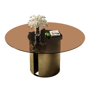 English Elm 59-Inch Modern Round Dining Table Set With Dark Brown Glass Top & Antique Copper Steel Legs For Stylish Dining W509S00146