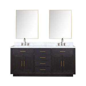 English Elm Black Oak Double Bath Vanity 72" W With Carrara Marble Top, Chrome Faucets & 34" Mirrors Included B2731S02175