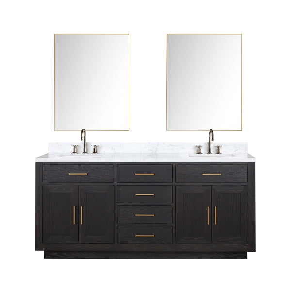 English Elm Black Oak Double Bath Vanity 72" W With Carrara Marble Top, Chrome Faucets & 34" Mirrors Included B2731S02175