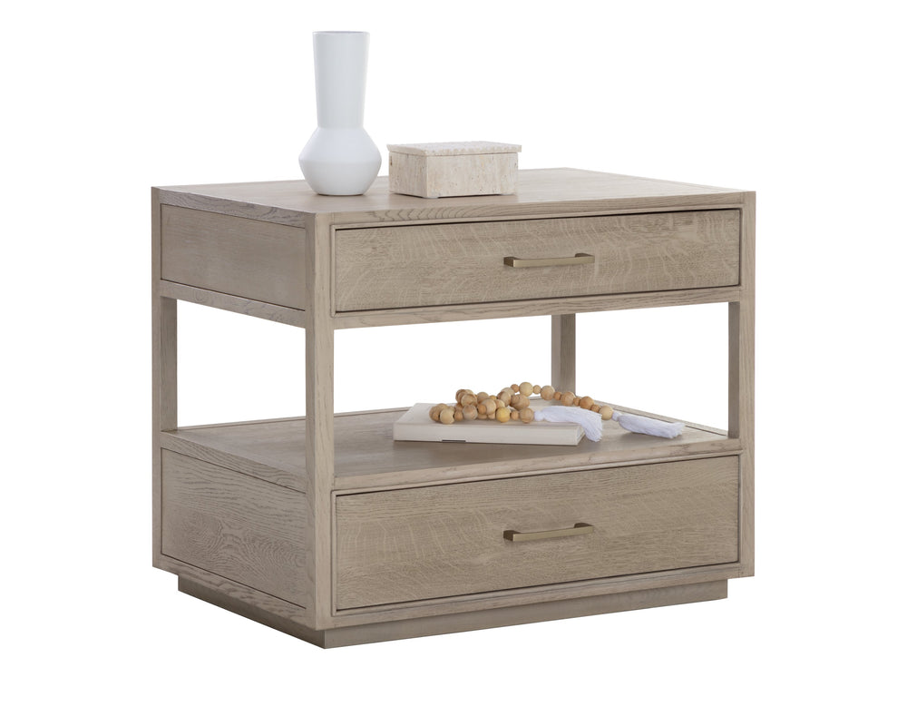 Sunpan Bridgerton Nightstand: Mid-Century Modern Oak Design with Soft Close Drawers and Open Shelf Space