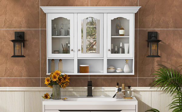 English Elm 47" Wall Mounted Bathroom Cabinet with Mirror — Space-Saving 3 Adjustable Shelves, Pine Accents, Water-Resistant Finish N710P264268K