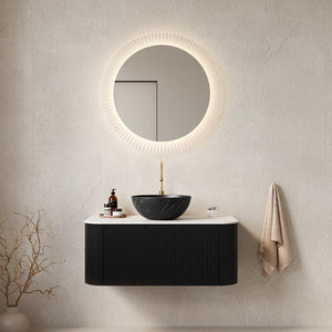 English Elm Dina Floating Bathroom Vanity Sintered Stone Top Glass Basin Striped Plywood Cabinet W2615S00409