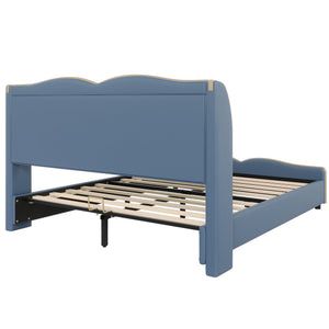 English Elm Christopher Knight Home® - Queen Plush Leather Upholstered Bed Frame with Wingback Headboard, Wavy Footboard, Quiet Support Antique Blue 85.2 L x 9.8 W x 3.25 H N761S0000016C