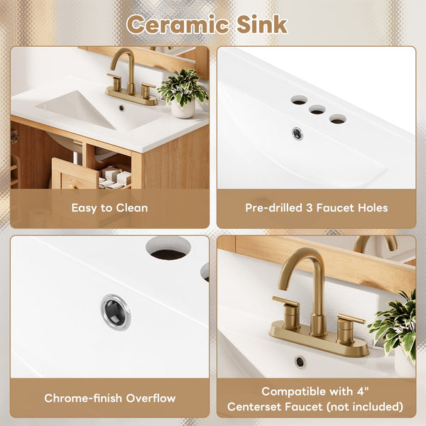 English Elm [video] 30 Inch Freestanding Bathroom Vanity White Mdf Pine Legs Ceramic Sink Soft Close N759P394441N