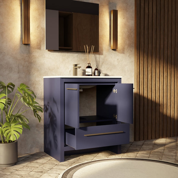 English Elm Navy Blue Single Bath Vanity With Cultured Marble Top, Gun Metal Faucet & 28 In. Mirror Set B2731S02049