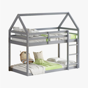 English Elm Twin Rubber Wood Floor Bunk Bed House-Shaped Design with Ladder Guardrails Sturdy Low-Profile Retreat Grey W504P206863