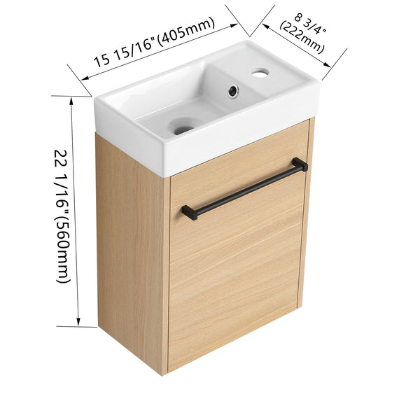 English Elm 16'' Floating Wall-Mounted Bathroom Vanity with Ceramic Basin, Soft-Close Door, Water-Resist Finish Light Oak W999P236336