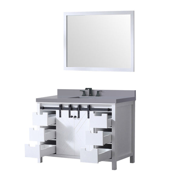English Elm White Bath Vanity Set With 48" Cabinet, Grey Quartz Top, Matte Black Faucet & 44" Mirror For Elegance B2731S01277-GIGA