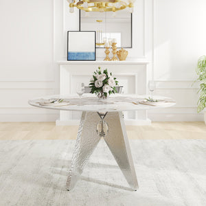English Elm 53" Round Marble Dining Table - Sleek White Sintered Stone & Silver Stainless Base For 6 People Dining W1535S00461