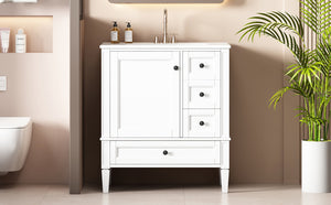 English Elm 30 30 Inch Bathroom Vanity with Ceramic Sink, Modern Compact 3-Drawer Storage Cabinet for Small Baths White N710P247499K