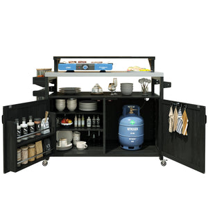 English Elm K&K 53.3" Outdoor Kitchen Island with 1.2" Stainless Top, Spacious Storage, Raised Shelf, Wheels Black N707P250628B