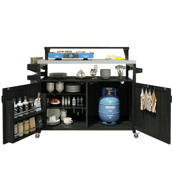 English Elm K&K 53.3" Outdoor Kitchen Island with 1.2" Stainless Top, Spacious Storage, Raised Shelf, Wheels Black N707P250628B
