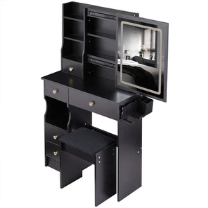 English Elm 29.2" Compact Desktop Vanity Set With Touch-Control Led Mirror, Usb Ports, Stool & Hair Dryer Holder W936P202460