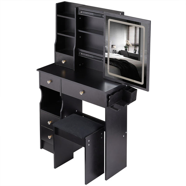 English Elm 29.2" Compact Desktop Vanity Set With Touch-Control Led Mirror, Usb Ports, Stool & Hair Dryer Holder W936P202460