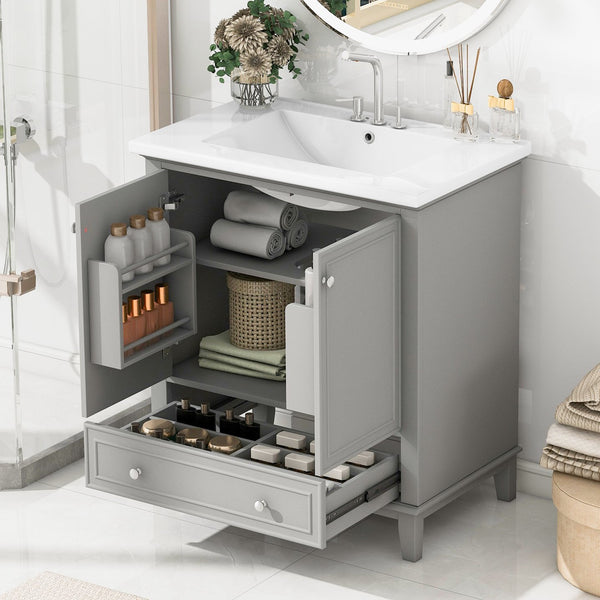 English Elm 30" Bathroom Vanity with Sink — Modern Freestanding 30" Cabinet with Ceramic Top, Drawer, Doors, Shelf Grey N725P221263E