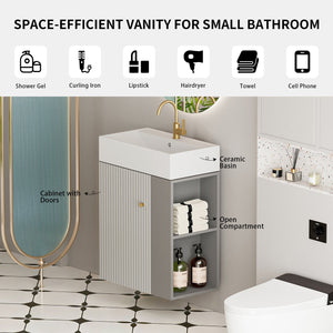 English Elm 21.6" Floating Vanity with Ceramic Sink Soft-close Cabinet and Open Shelves in Grey W1573S00093