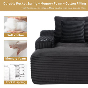 English Elm 67" Corduroy Oversized Chaise Sleeper Sofa Deep Seat Boneless Lounge with Cup Holder Pillows Black W1803P409253