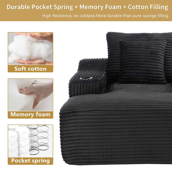 English Elm 67" Corduroy Oversized Chaise Sleeper Sofa Deep Seat Boneless Lounge with Cup Holder Pillows Black W1803P409253