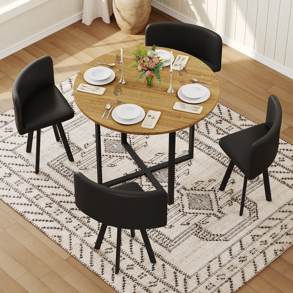 English Elm 5 Piece Round Faux Marble Dining Set with Pu Leather Chairs for Small Apartments Black,Wood W3875S00084