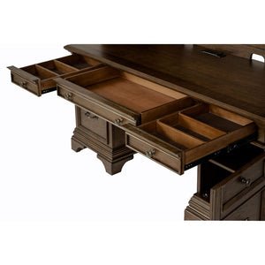 English Elm Stigham Burnished Oak 5-Drawer Credenza & Hutch Set - Elegant Workspace With Power & Storage Solutions B062S00801-GIGA