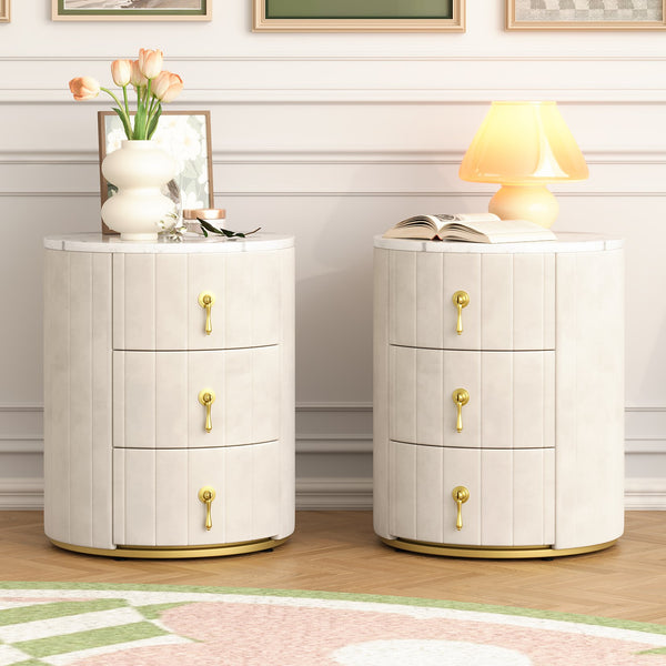 English Elm 2 Upholstered Nightstand Set with 3 Drawers, Round Velvet Bedside Table, Marble Top & Metal Handles Beige 24 L x 19.5 W x 18.89 H N733S272609A