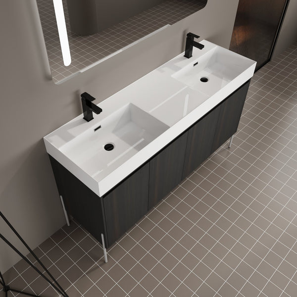 English Elm 60" Freestanding Bathroom Vanity with Dual Resin Sinks, Spacious Soft-Close Cabinet Storage, Durable Finish Dark Oak W1972S00016