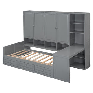 English Elm Twin Size Wooden Daybed With Integrated Desk, Storage Drawers, And Shelves - Stylish Gray Design! N820S00054E-GIGA