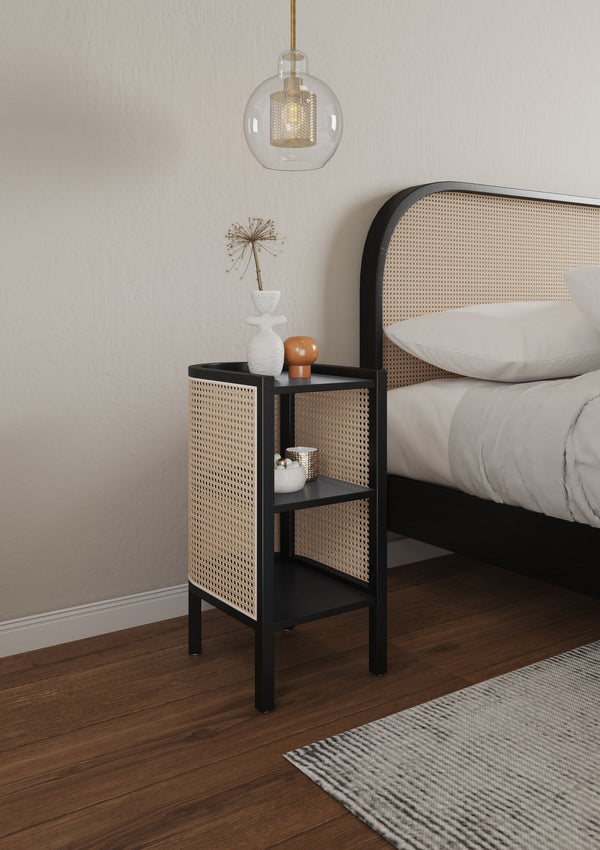 English Elm Versailles End Table with Cane Accents and Solid Ash Frame, Dual Shelves, Dip Tray Top, Fully Assembled Black+Natural B365P398484