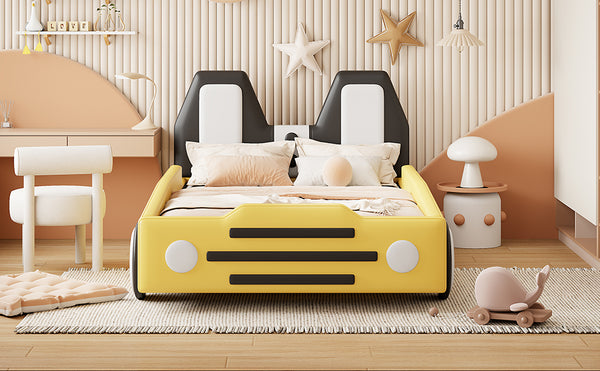 English Elm Twin Race Car Platform Bed with Wheels for Kids — Sturdy PU Leather Frame, Safety Rails, 250lb Capacity Yellow SF000128AAY