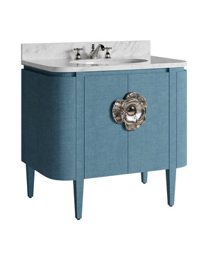 Currey & Company Briallen 36" Vanity With Elegant Carrara Marble Top And Polished Nickel Brass Flower Pull Storage Solutions Blue White Oak Solids & Veneer ,Carrara Marble ,Viterous China ,Brass 3800-0015-currey-company
