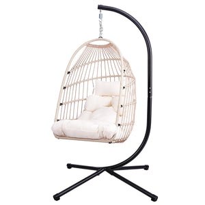 English Elm Foldable Hanging Egg Chair with Stand Pillow, HDPE Wicker, Rust‑Resistant Frame, Cushioned Headrest, 350lb Capacity White W2500P369689