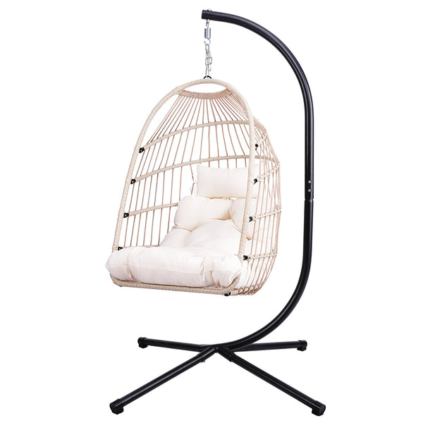 English Elm Foldable Hanging Egg Chair with Stand Pillow, HDPE Wicker, Rust‑Resistant Frame, Cushioned Headrest, 350lb Capacity White W2500P369689