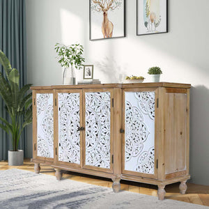 English Elm 4-Door Hollow-Carved Accent Cabinet with Floral Doors, Distressed Natural Wood Storage Cupboard, Adjustable Shelves for Entryway Living Room Dining Room W2295P257039