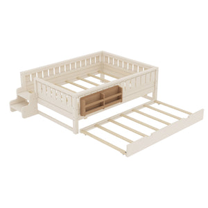 English Elm Twin Kids Platform Bed with Trundle Staircase Bookshelf and Rounded Safety Rails Beige W1580S00559