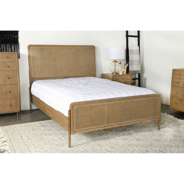 English Elm Stevie Mid-Century Eastern King Panel Bed With Sand Wash Finish & Natural Cane For Coastal Charm B062S00721-GIGA