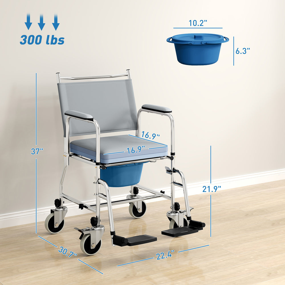 English Elm Bedside 3 in 1 Commode Rolling Shower Chair with Pu Padded Seat and Locking Wheels T3971P412441