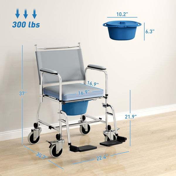 English Elm Bedside 3 in 1 Commode Rolling Shower Chair with Pu Padded Seat and Locking Wheels T3971P412441