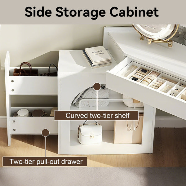 English Elm Corner Makeup Vanity Desk with 360° Rotating LED Mirror, Adjustable Brightness, L-Shaped Corner Design and Pull-Out Storage for Small Spaces White N844P263663A
