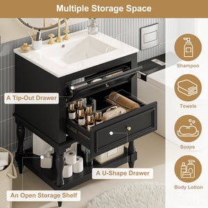 English Elm 24'' Retro Bathroom Vanity Mdf Cabinet with Ceramic Sink Open Shelf and 2 Drawers Black N710P405414B