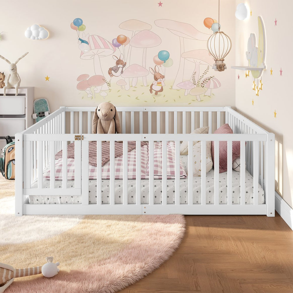 English Elm Twin Floor Bed Pine Wood Frame with Guardrails and Door for Safe Toddler Sleep Light White W1580P417670
