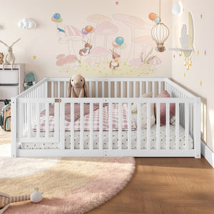English Elm Twin Floor Bed Pine Wood Frame with Guardrails and Door for Safe Toddler Sleep Light White W1580P417670