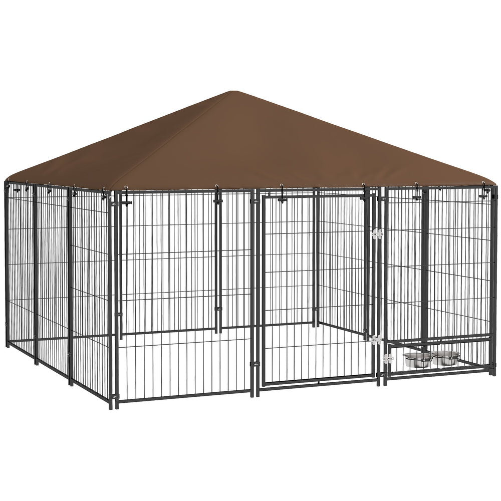 English Elm Pawhut Outdoor Steel Wire Dog Kennel with Canopy Roof and Rotating Feeding Bowl W2225P229078