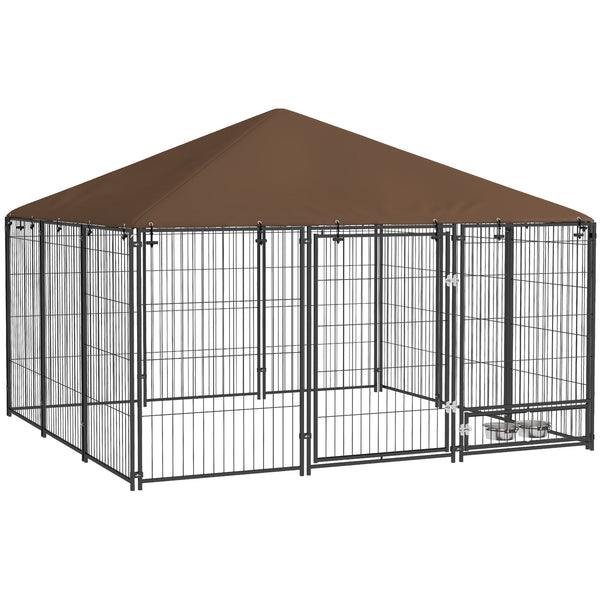 English Elm Pawhut Outdoor Steel Wire Dog Kennel with Canopy Roof and Rotating Feeding Bowl W2225P229078