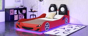 English Elm Wood Twin Race Car Platform Bed with LED Lighting, Upholstered Headrest, Sturdy Pine Build Red GX002218AAR