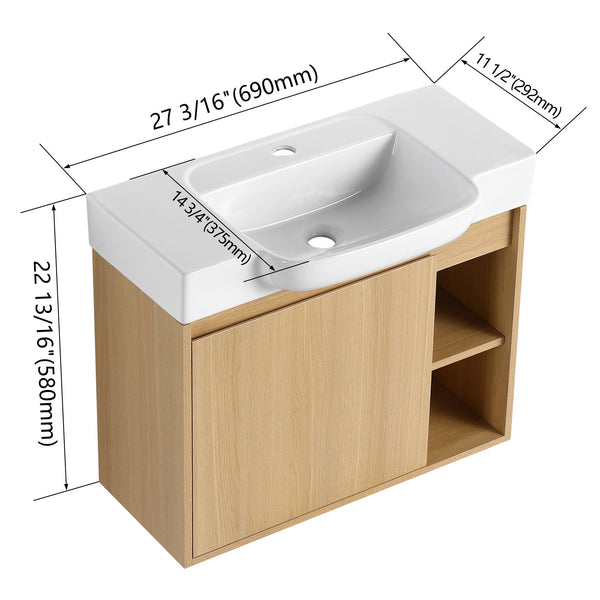English Elm 28'' Floating Bathroom Vanity with Ceramic Sink Soft Close Door Melamine Cabinet Light Oak W999P426639
