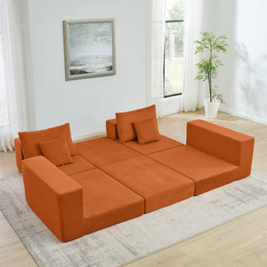 English Elm Modular Cloud Sectional Sofa with Corduroy Upholstery, Deep-Seat Sleeper Loveseat, Removable Ottoman, No-Assembly Comfort and Customizable Configuration Orange W1117P357547