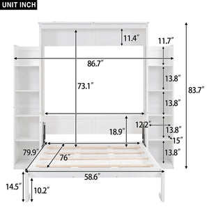 English Elm Full Size Murphy Wall Bed with Led Lighting Open Shelves Space Saving Cabinet White LP000694AAK-2