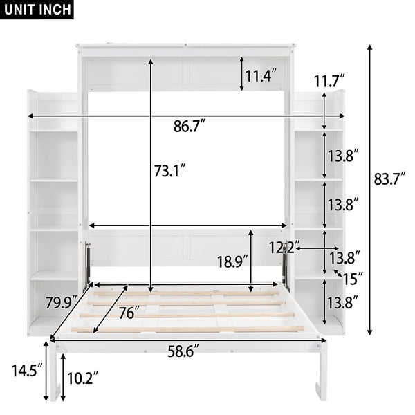 English Elm Full Size Murphy Wall Bed with Led Lighting Open Shelves Space Saving Cabinet White LP000694AAK-2